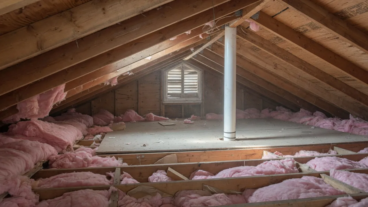 Unfinished attic with exposed wooden rafters, pink insulation between the joists and a white pipe rising on one side.