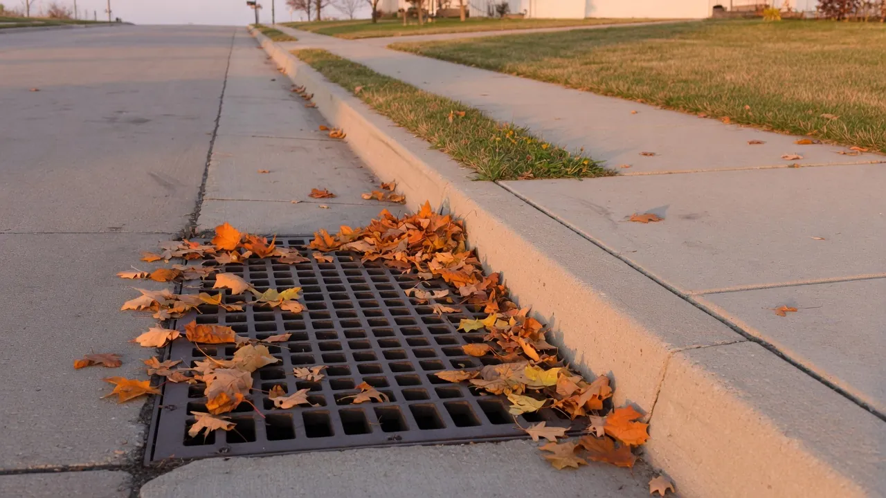 Metal storm drain grate scattered with orange and brown autumn leaves beside a curb, a grass strip and a sidewalk.