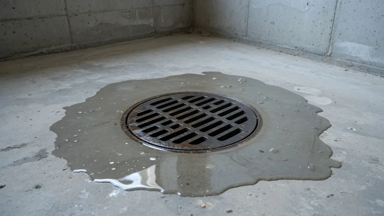 Floor drain in a concrete basement floor with a small puddle of water