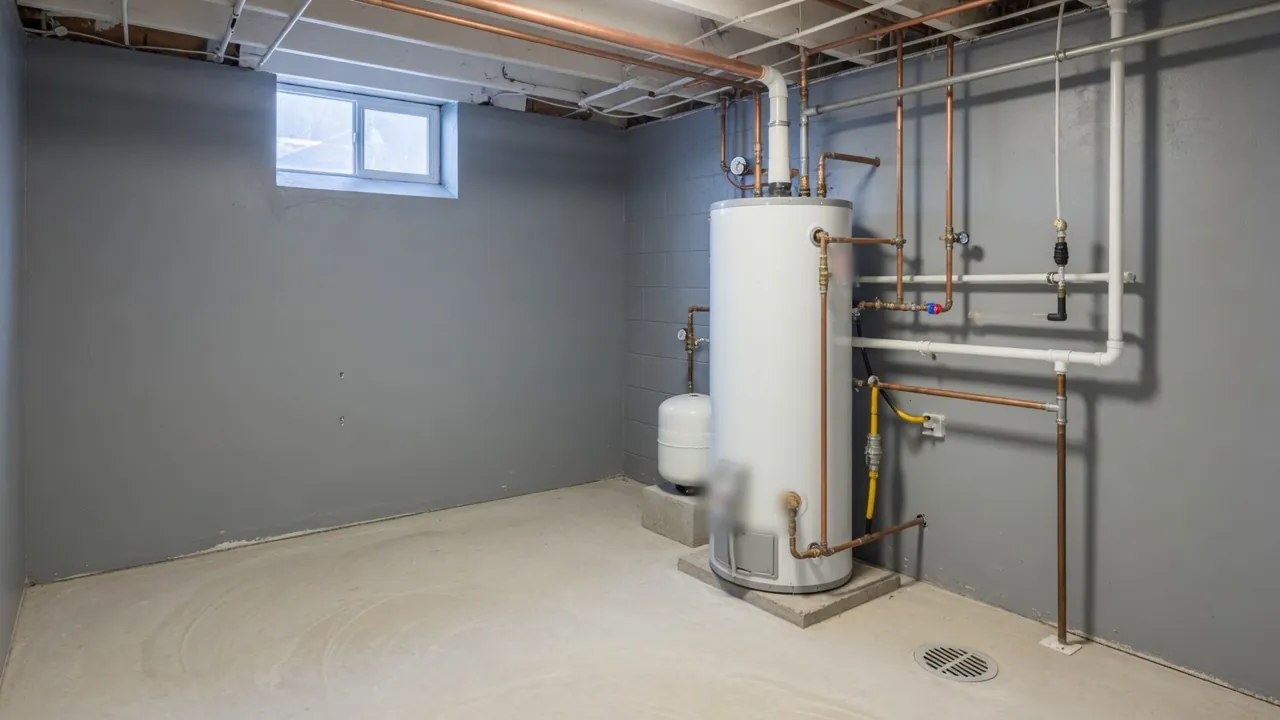 Basement utility room with a water heater and a floor drain