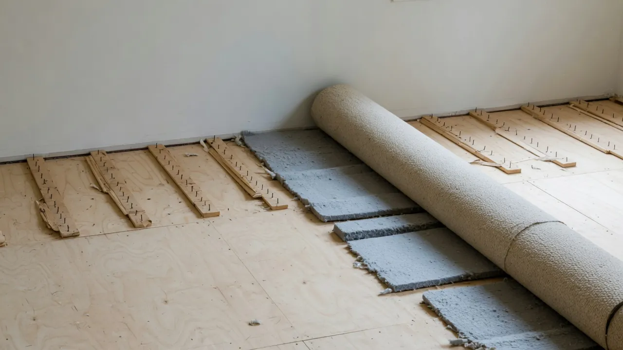 Roll of beige carpet pulled back to show gray padding, wooden tack strips and a plywood subfloor beside a white wall.