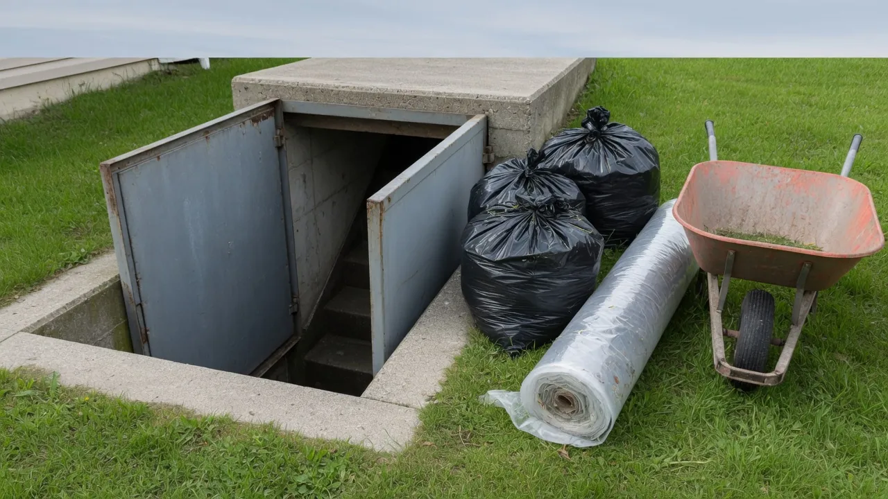 Tied black garbage bags, a roll of clear plastic and an orange wheelbarrow beside open metal cellar doors on a lawn.