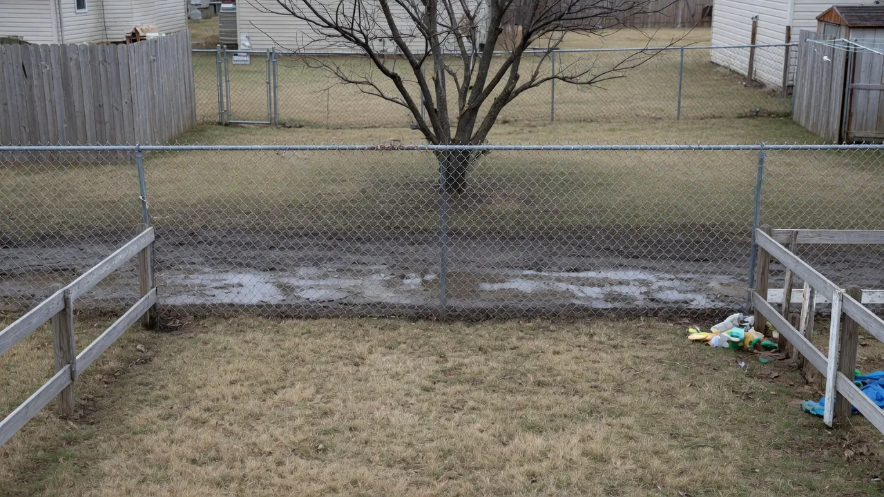 Strip of wet mud along a chain-link fence in a backyard with dry grass and a leafless tree behind it.
