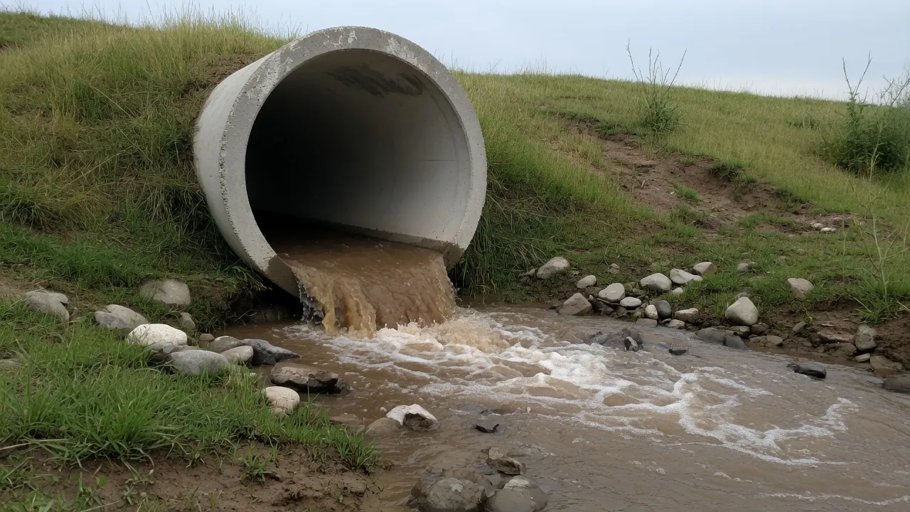 Gray concrete pipe set into a grassy slope pouring muddy brown water over rocks into a small stream.