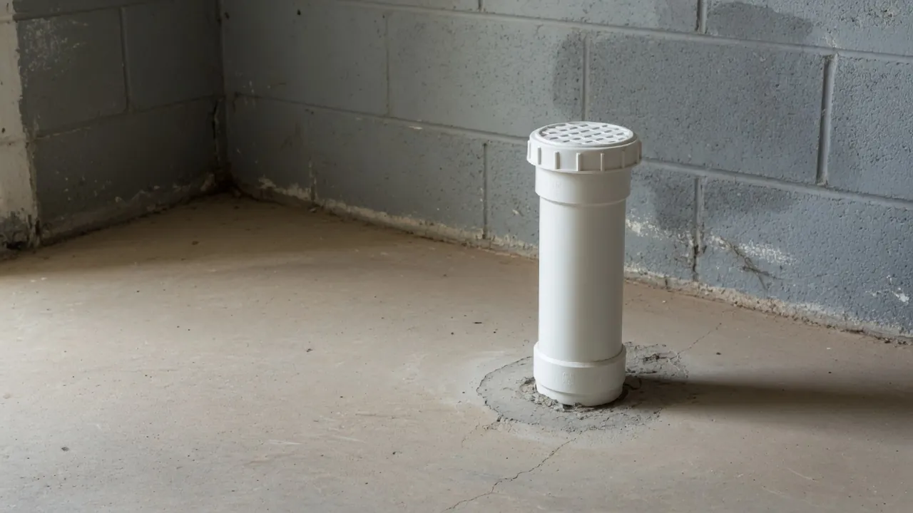 White capped PVC pipe coming up through a concrete floor next to a block wall.