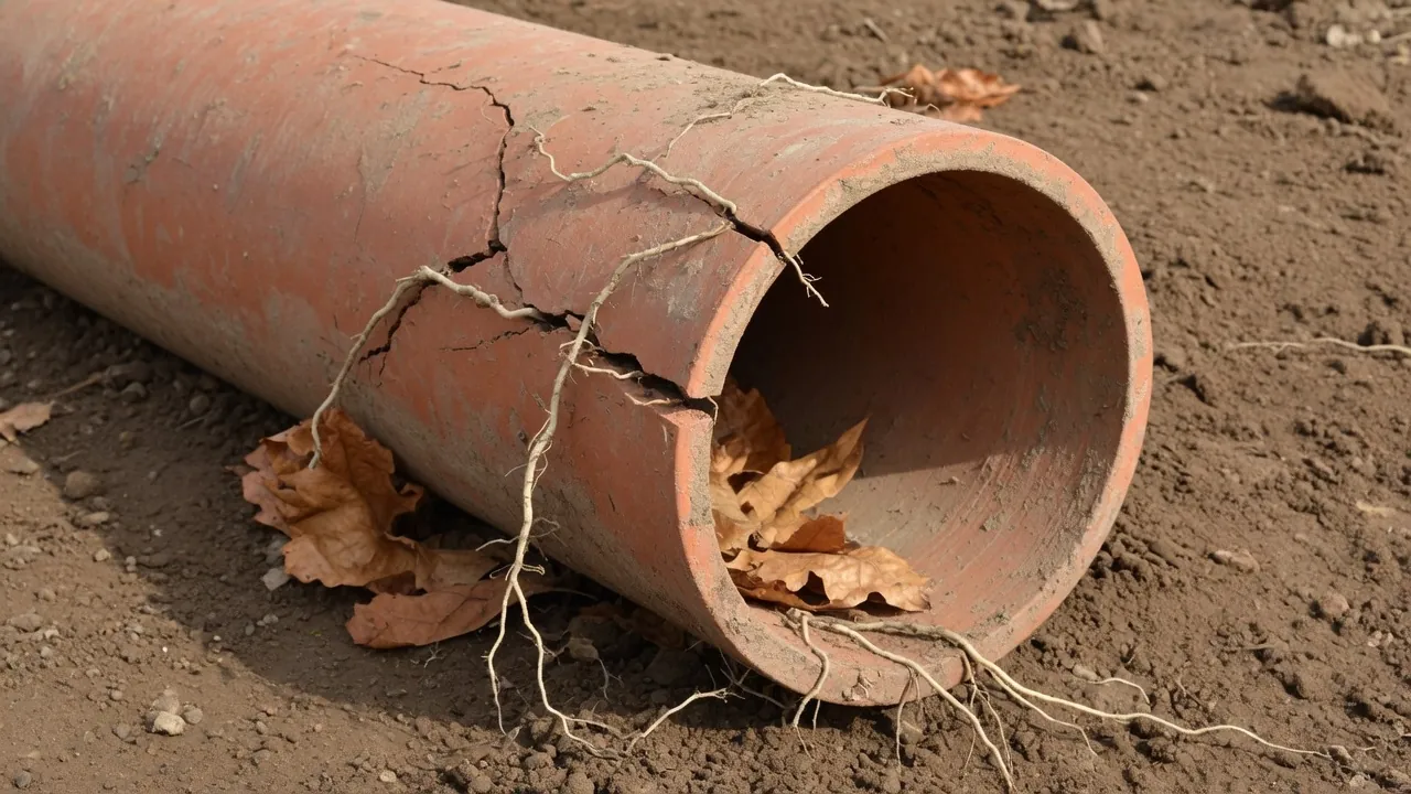 Cracked orange clay pipe lying on dry soil with thin pale roots draped over it and dry leaves inside its open end.