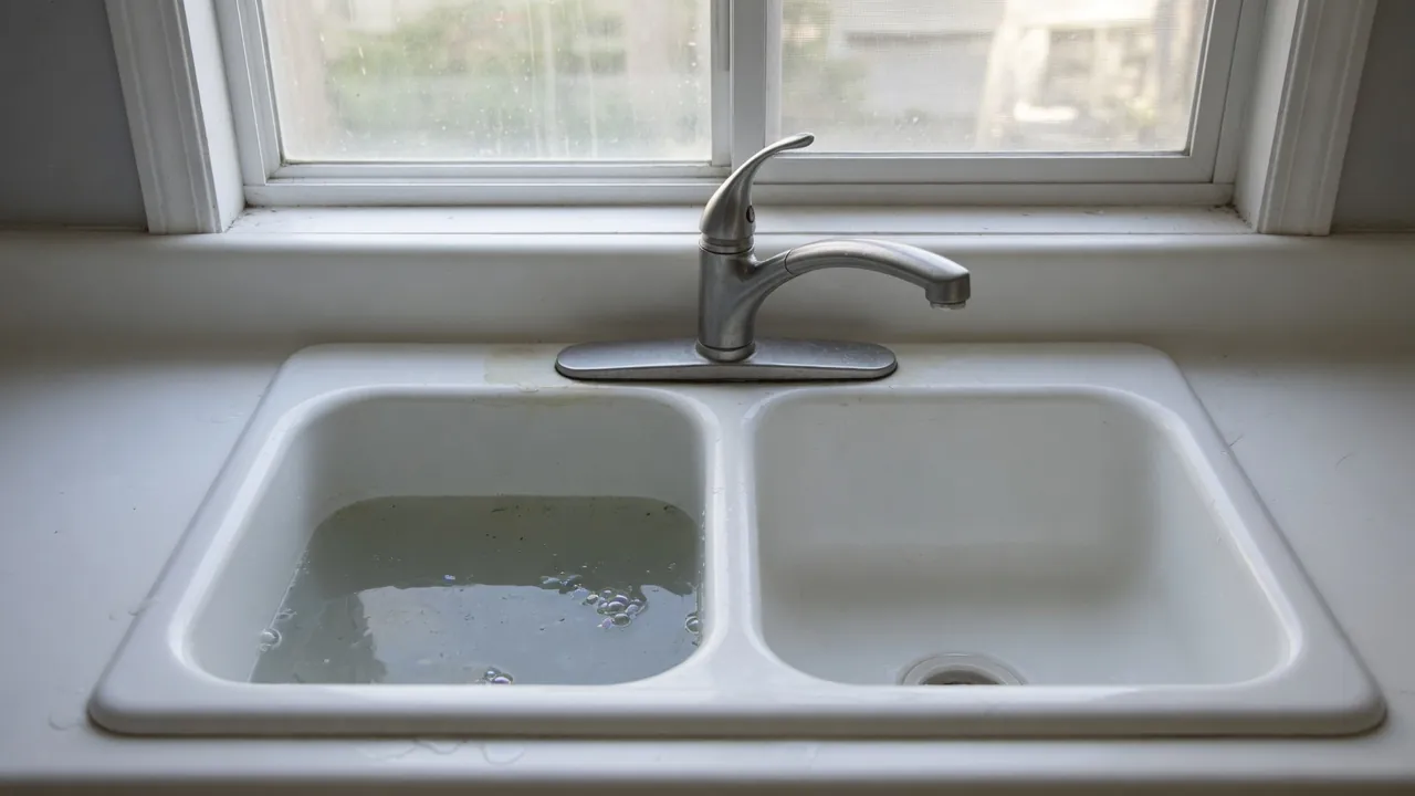 Kitchen sink basin holding murky gray water with small bubbles beneath a stainless faucet.