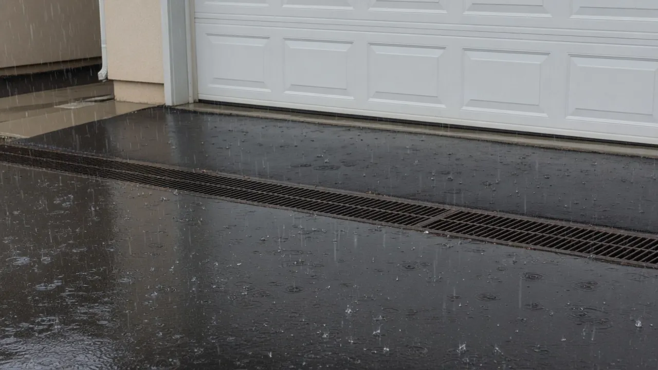Rain splashing on a dark driveway where a long metal channel drain runs in front of a white garage door.