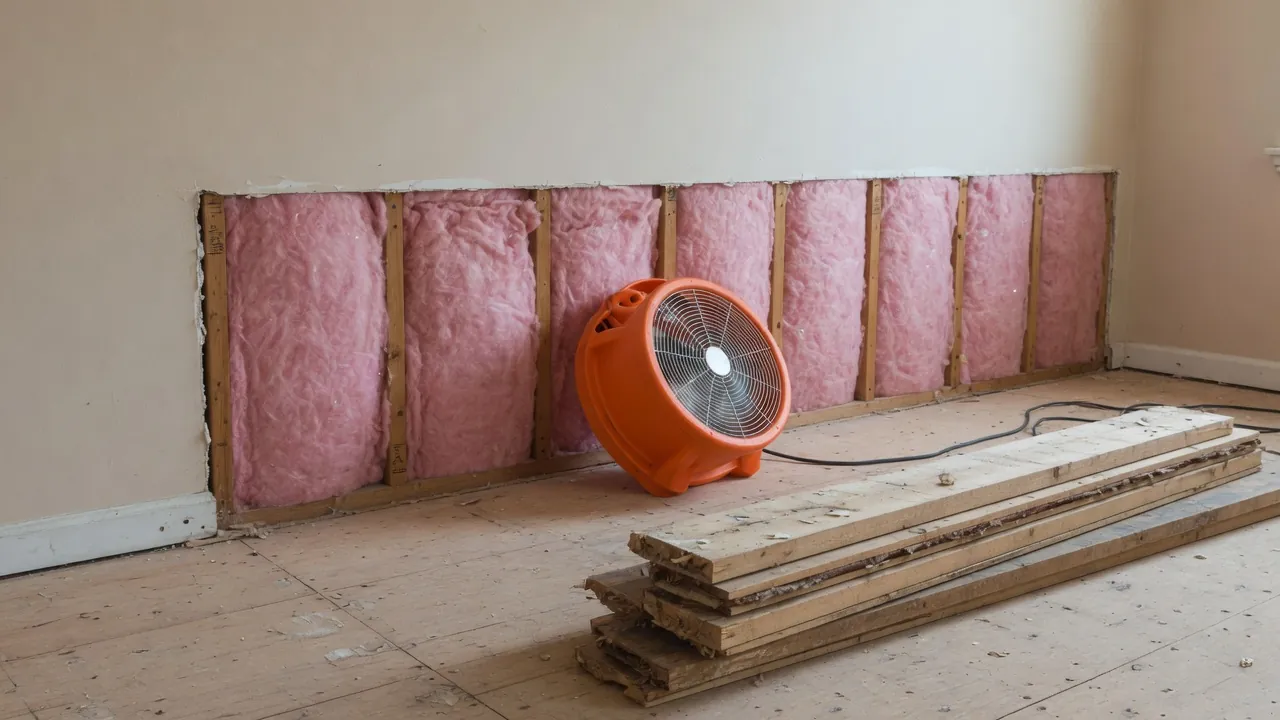 Section of a wall opened up to show wooden studs and pink insulation, with an orange fan on the floor and lumber stacked nearby.