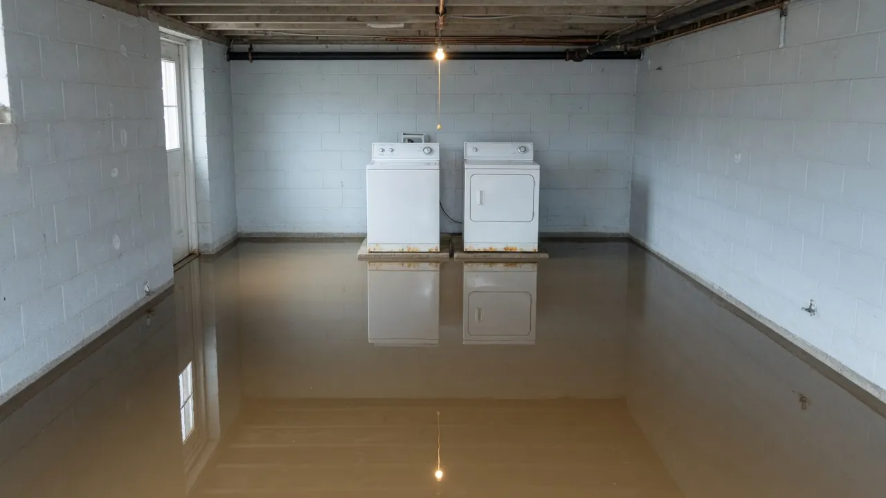 Basement floor covered in murky brown water with a white washer and dryer on the far wall and a bare bulb hanging overhead.