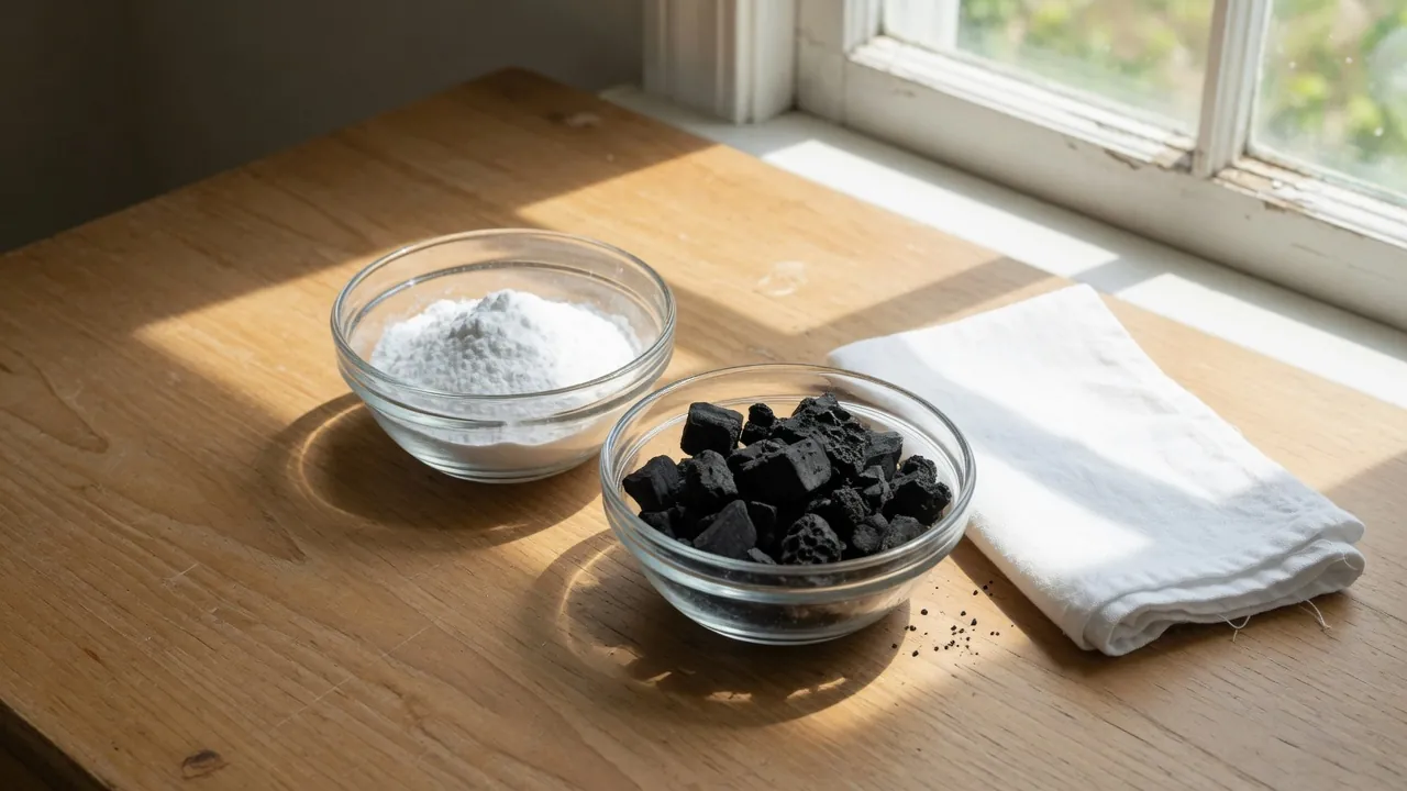 Two glass bowls, one with white powder and one with black charcoal chunks, beside a folded white towel on a sunlit wooden table.