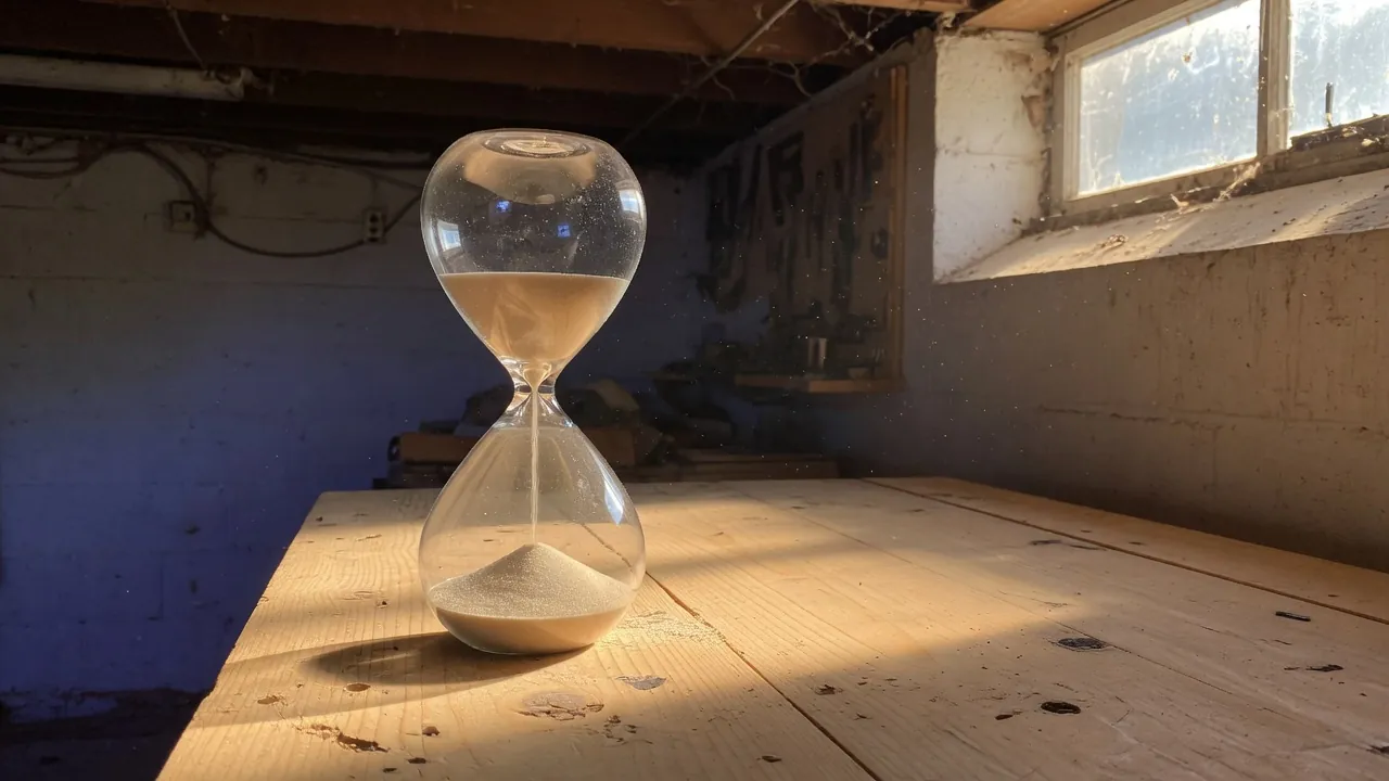 Glass hourglass with white sand running on a wooden workbench in a dim room with a beam of sunlight.