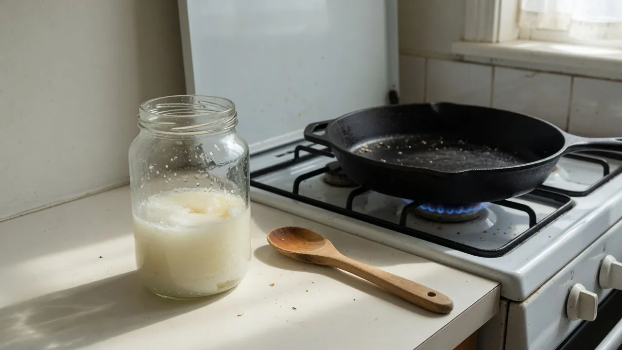 Glass jar half full of solid white fat and a wooden spoon beside a black skillet on a gas stove.