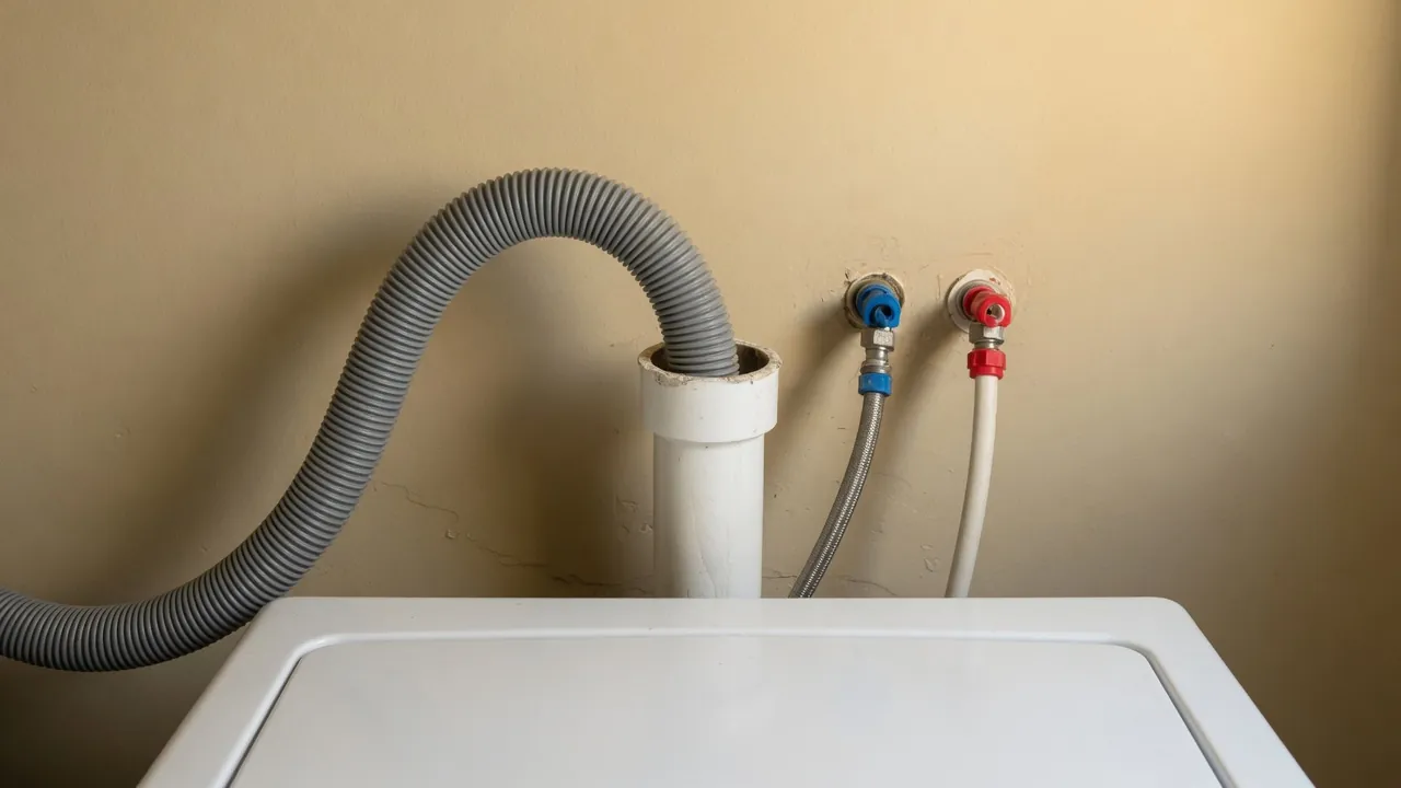 Gray ribbed hose entering a white pipe in a beige wall behind a washing machine, next to blue and red water valves.
