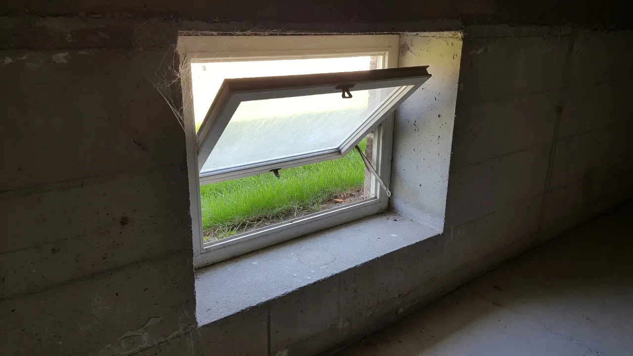 Small white window tilted open in a rough gray concrete wall, with green grass visible outside and cobwebs in one corner.