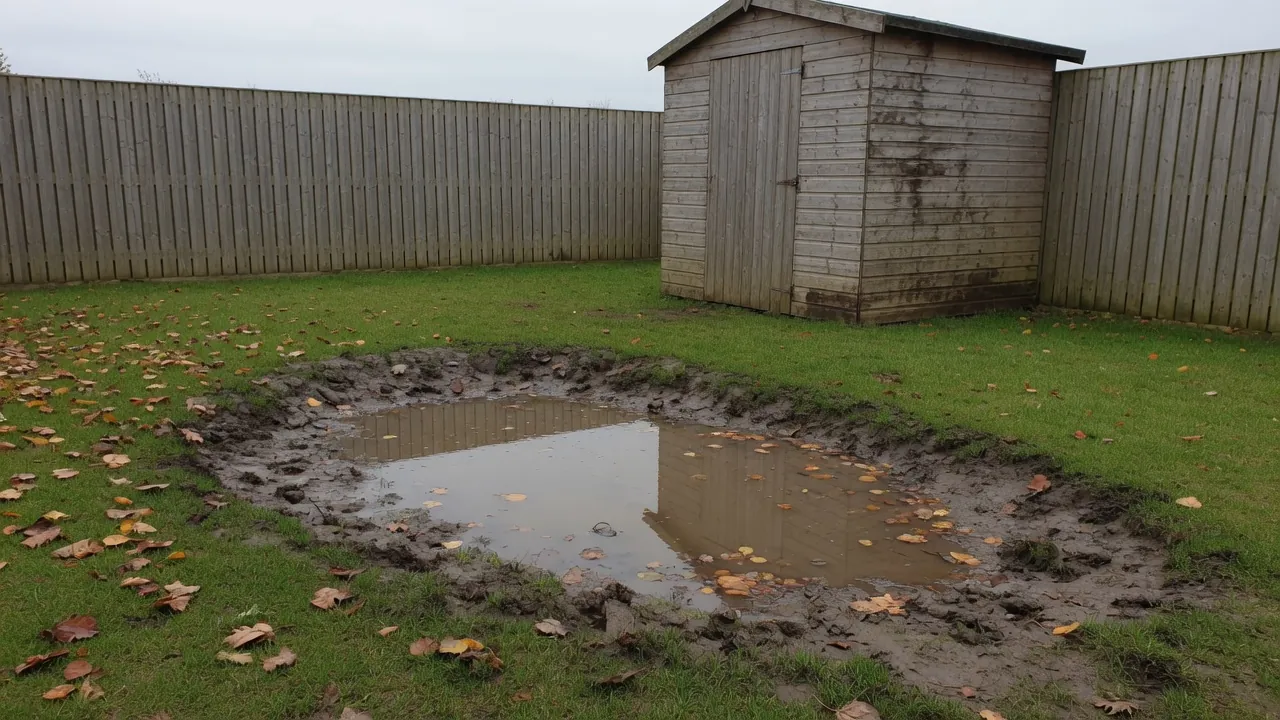 Large muddy puddle in a grassy backyard with fallen leaves, a wooden shed and a tall wooden fence behind it.