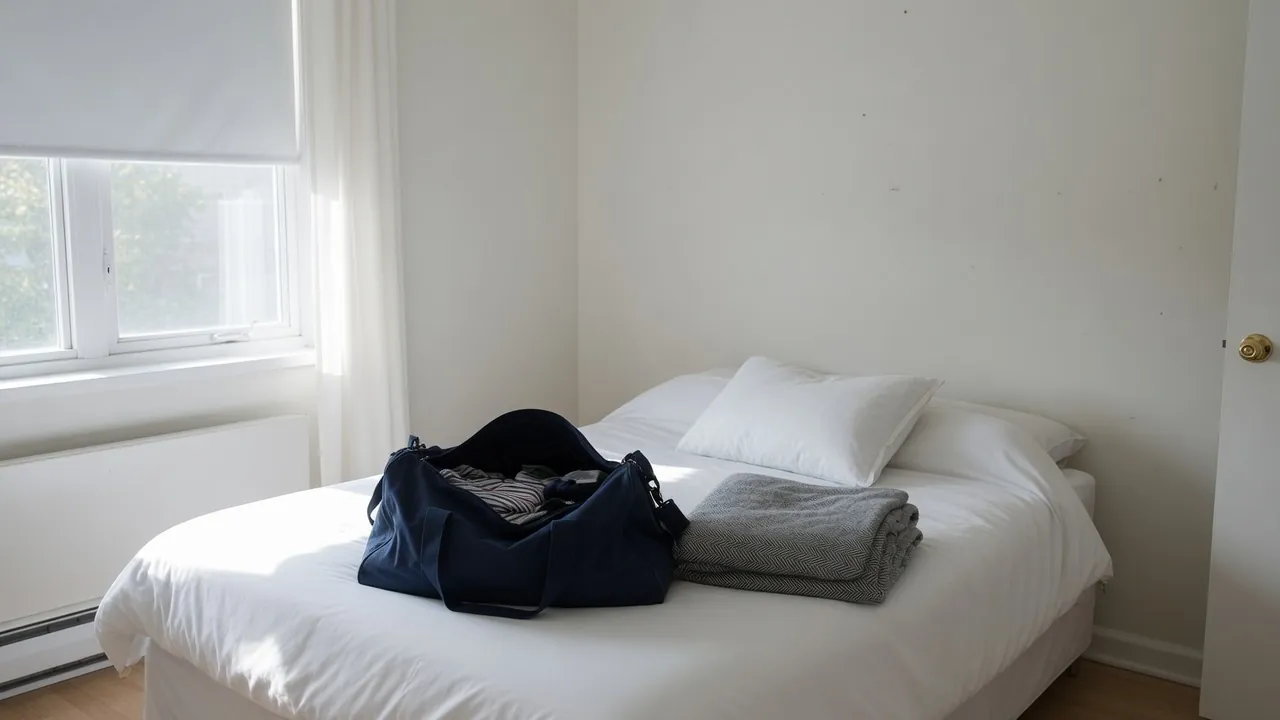 Dark blue duffel bag open on a made white bed beside a folded gray blanket, with a window and white curtains at the side.