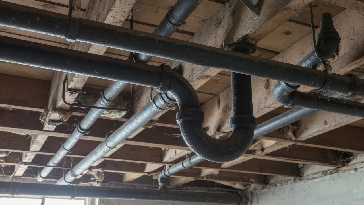 Old dark plumbing pipes with a U-shaped bend hanging from wooden floor joists in an unfinished basement.