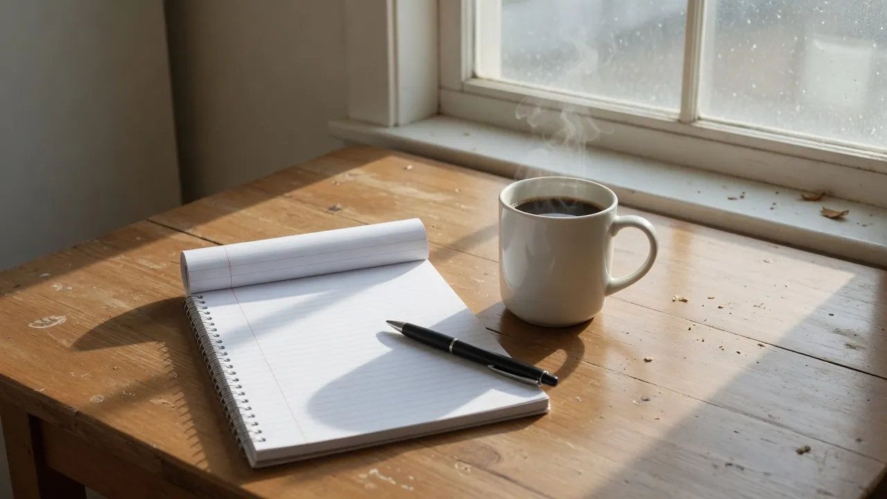 Open blank spiral notebook with a black pen beside a white mug of coffee on a sunlit wooden table.
