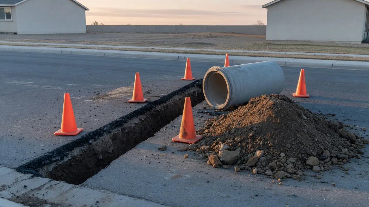 Deep trench cut through an asphalt street with a large concrete pipe, a mound of soil and orange traffic cones beside it.