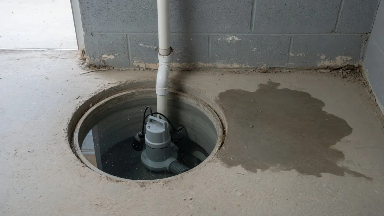 Round pit in a concrete basement floor holding a gray pump with a white pipe running up the cinder block wall.