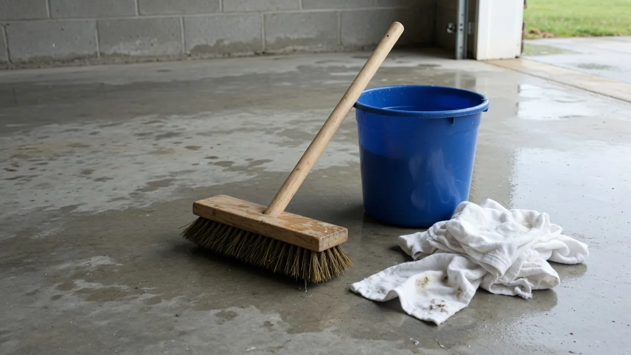 Wooden push broom leaning on a blue bucket with a white rag beside it on a wet gray concrete floor.