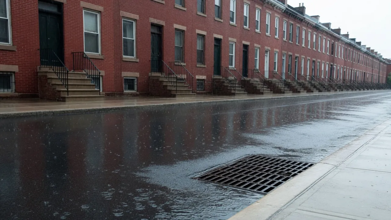 Rain running into a storm drain on a street of brick rowhouses