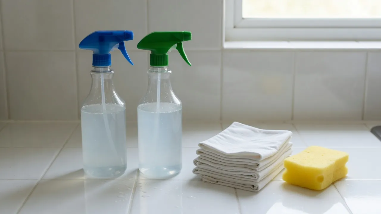 Two unlabelled spray bottles with blue and green nozzles beside folded white cloths and a yellow sponge on a white tiled counter.