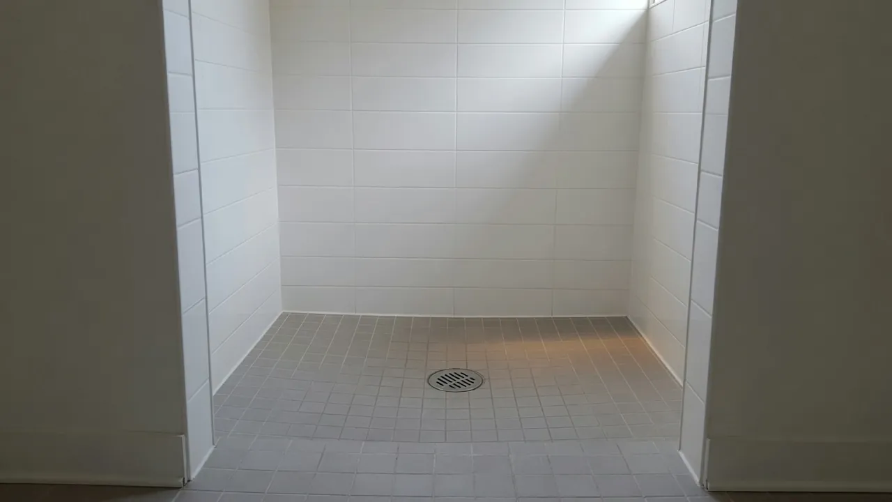 Empty tiled shower stall with white wall tiles, a gray tile floor and a round metal drain in the center.
