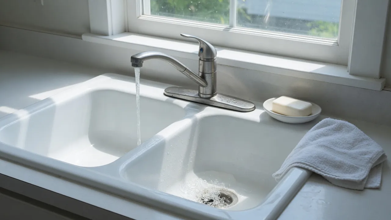 White double sink with water running from a metal faucet, a white soap bar in a dish and a folded white towel.