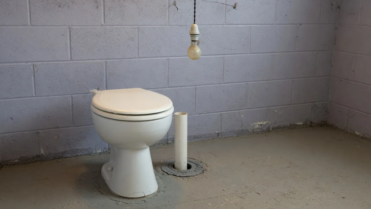 White toilet with its lid closed in the corner of a basement with pale purple block walls and a bare light bulb overhead.