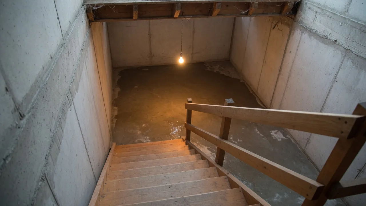 Wooden staircase with a handrail leading down to an unfinished concrete room with puddles under a hanging light bulb.